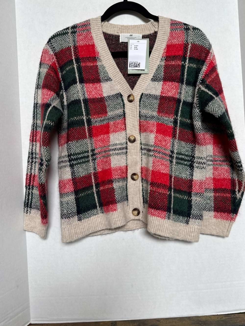 H&M Girls Holiday Plaid Knit Cardigan Sweater with Button Front Size 8-10Y NEW